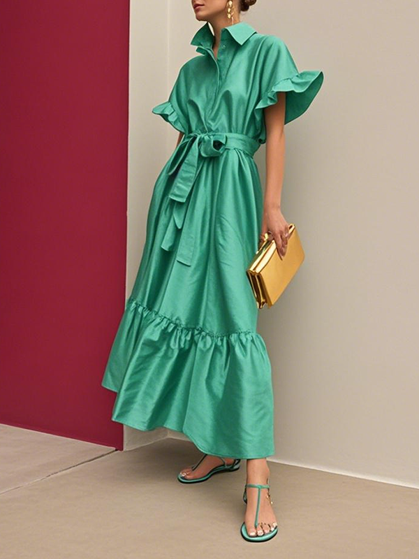 Flared Sleeves Loose Pleated Solid Color Split-Joint Tied Waist Lapel Maxi Dresses Shirt Dress