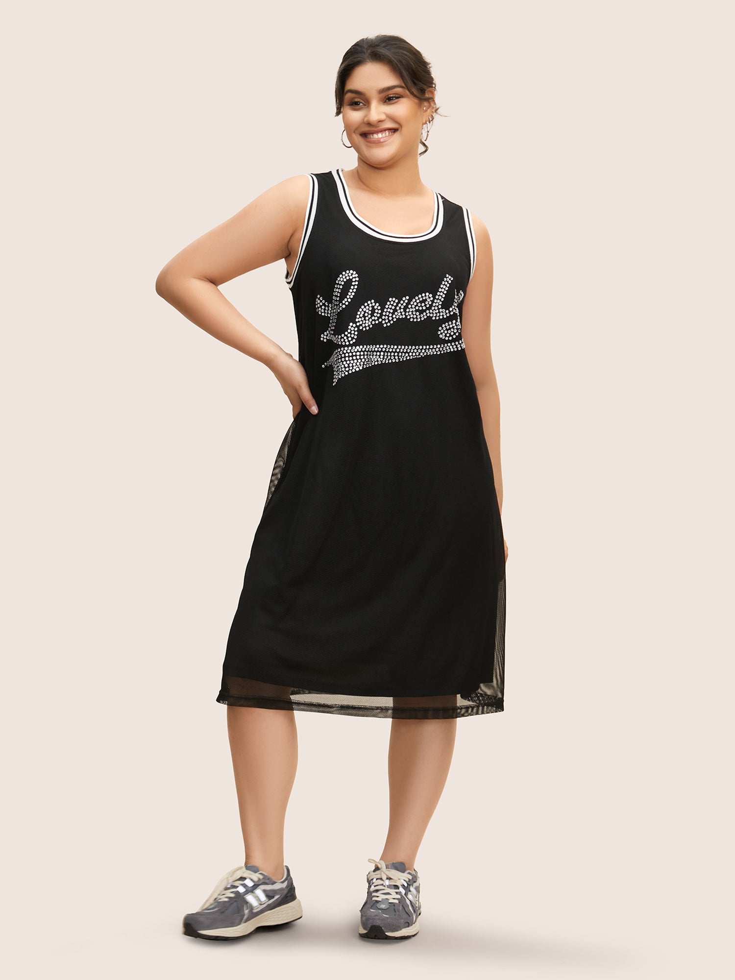 Letter Rhinestone Mesh Patchwork Sleeveless Dress
