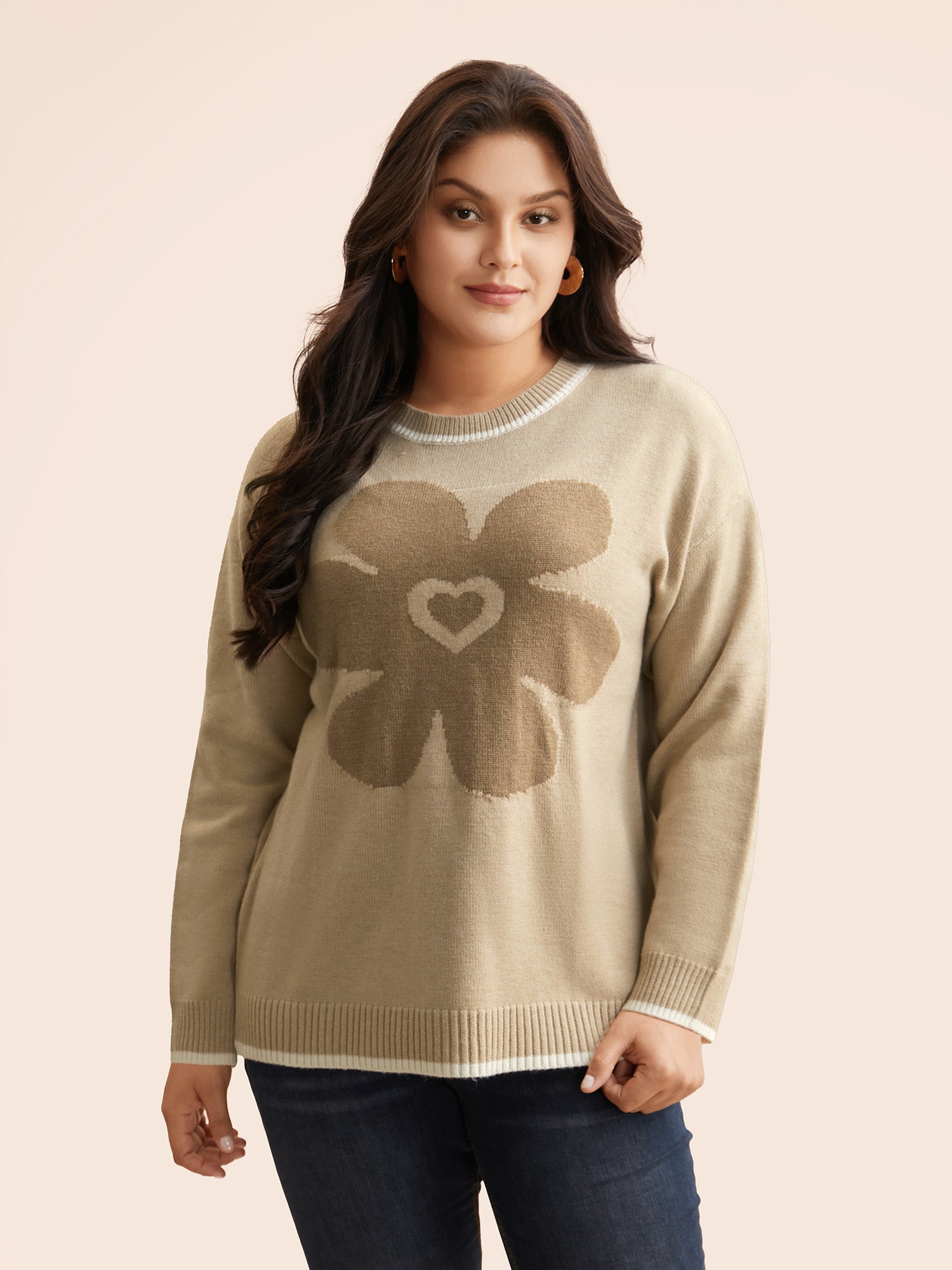 Floral Jacquard Contrast Trim Slit Hem Pullover