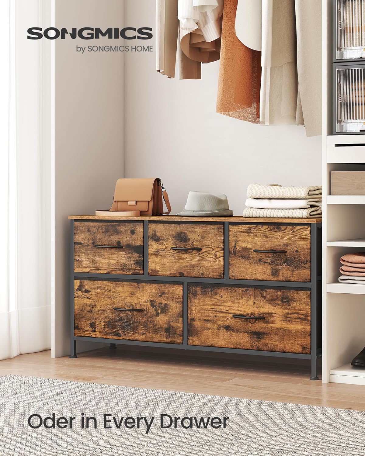 SONGMICS Dresser for Bedroom, Chest of Drawers, TV Stand, Steel, MDF, 5 Non-Woven Fabric Drawers, Storage Organizer Unit, Closet, Entryway, Cloud White and Snow White ULGS322W01S