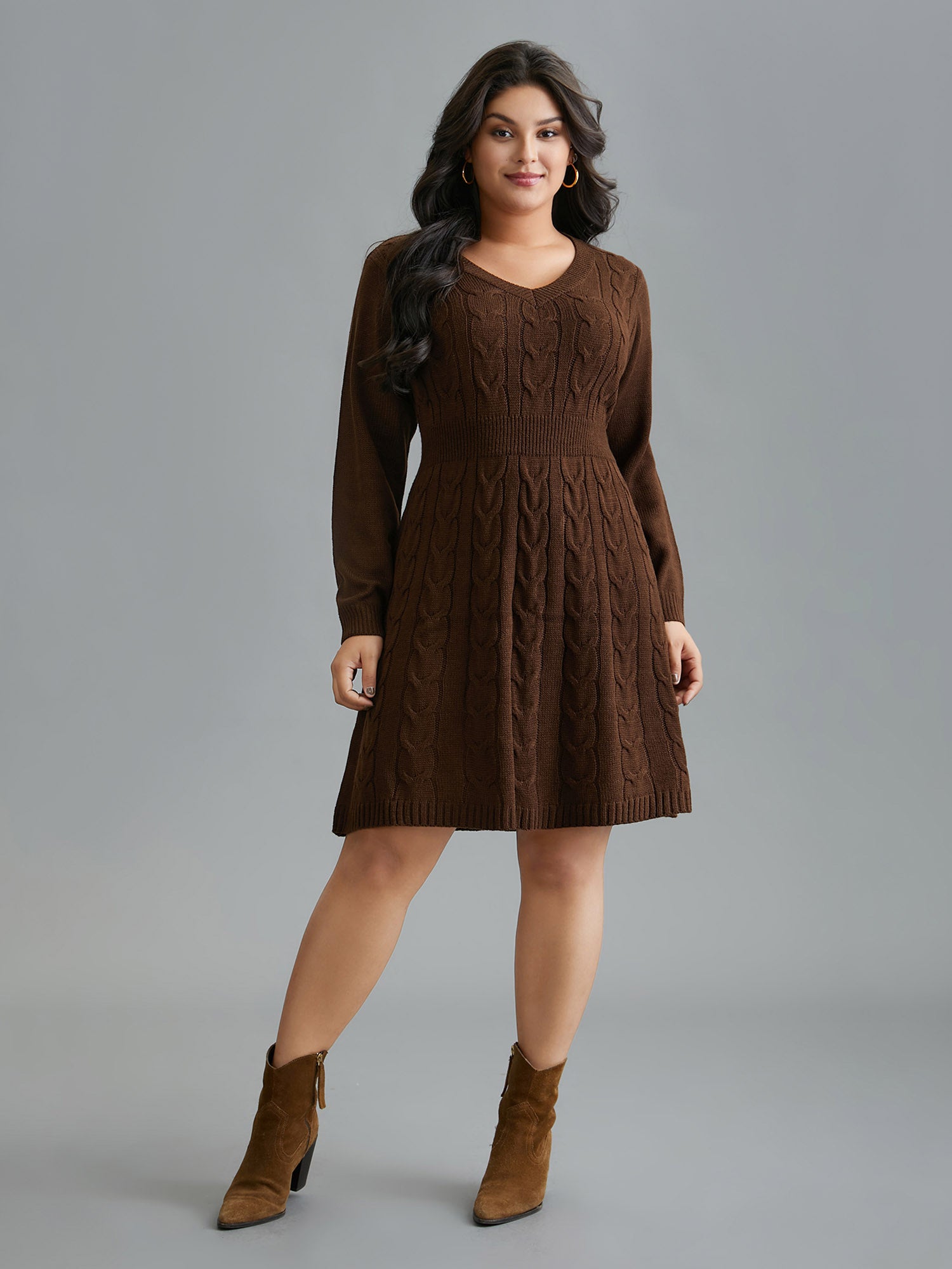 Textured Cable Knit V-Neck Midi Sweater Dress