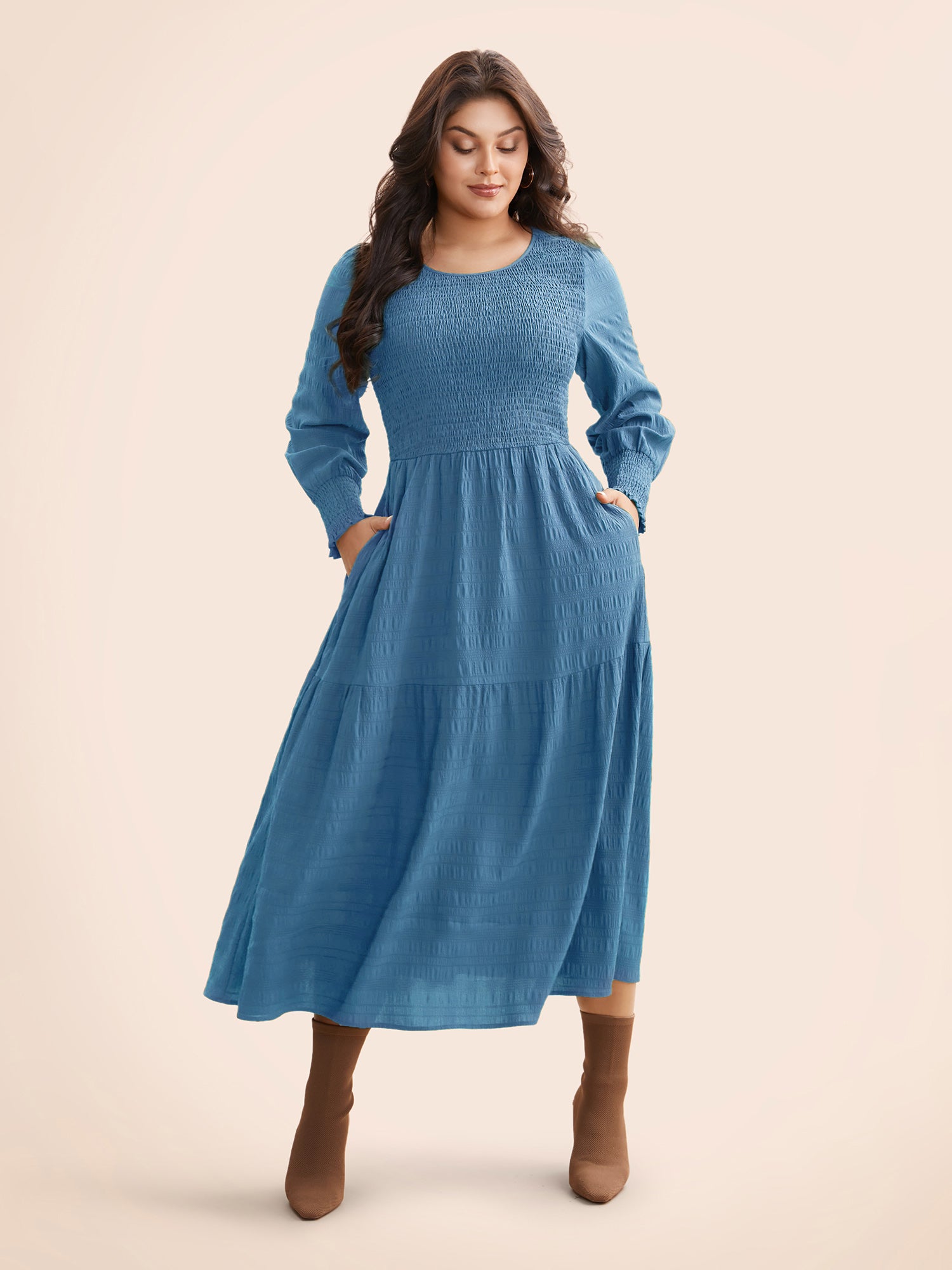 Plain Textured Shirred Midi Dress