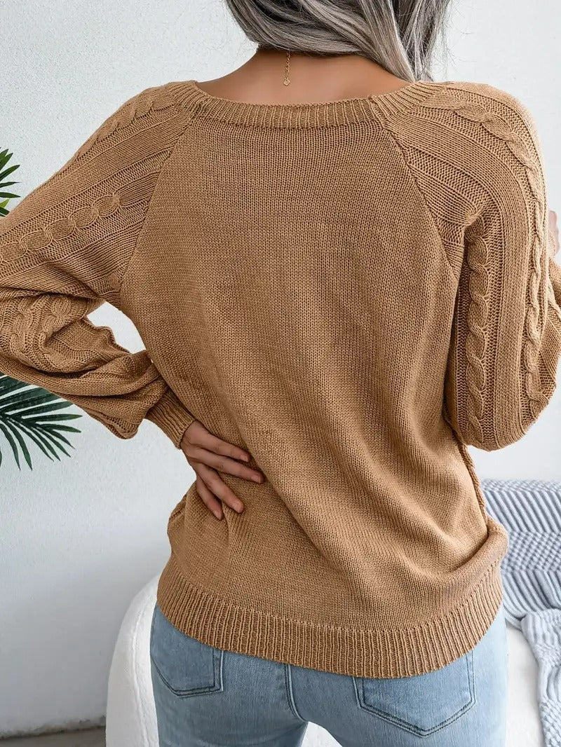 Women's Stylish Round Neck Texture Button Lantern Sleeve Sweater