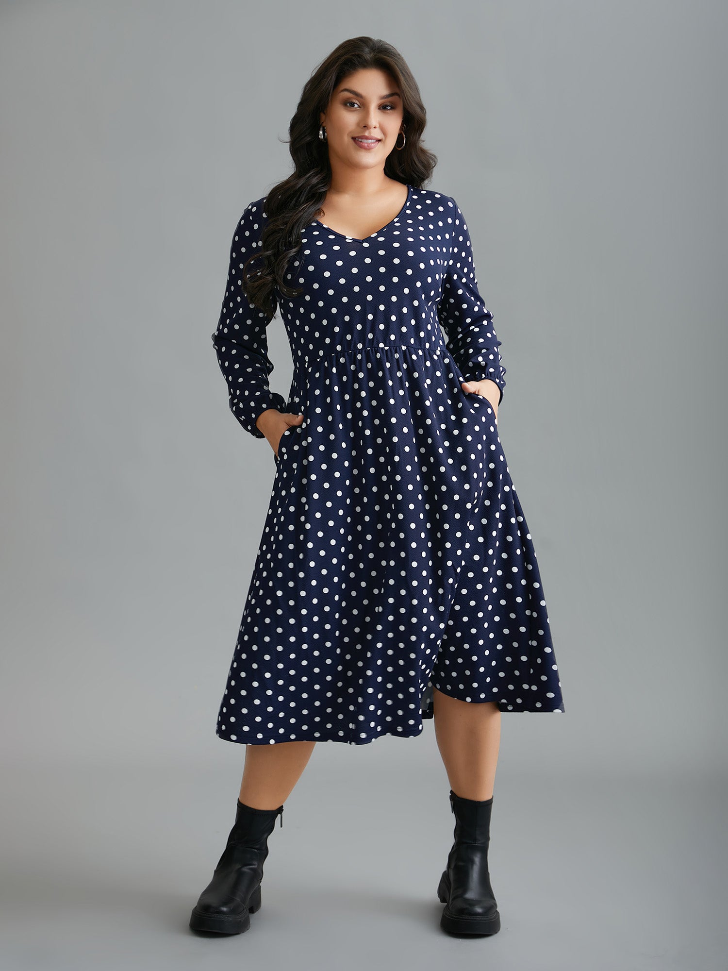 V Neck Polka Dot Midi Dress