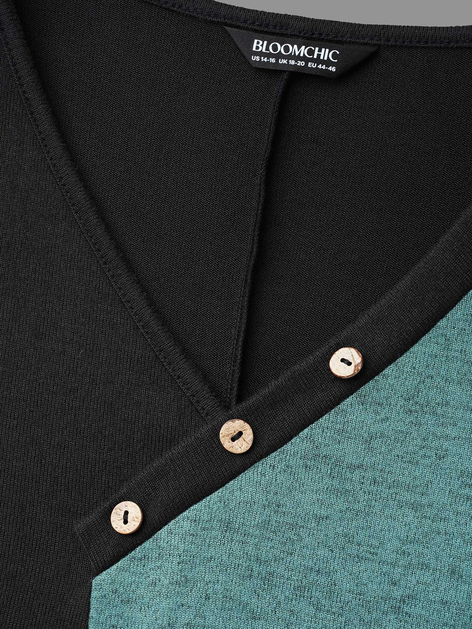 V Neck Contrast Patchwork Button Detail Dress