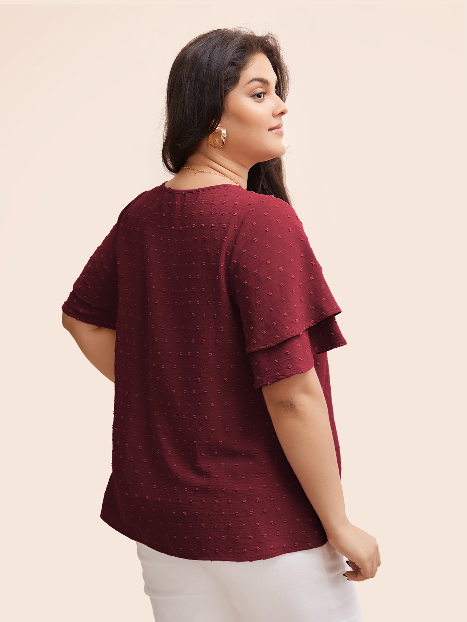 Plain Ruffle Tiered Sleeve V Neck Polka Dot Blouse