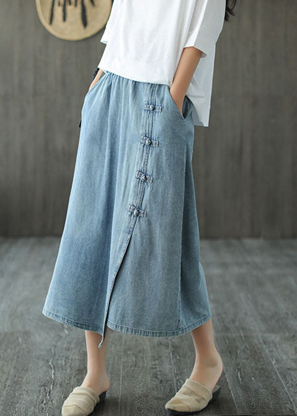 Denim Blue Elastic Waist Asymmetrical Oriental Button Cotton Skirt Summer