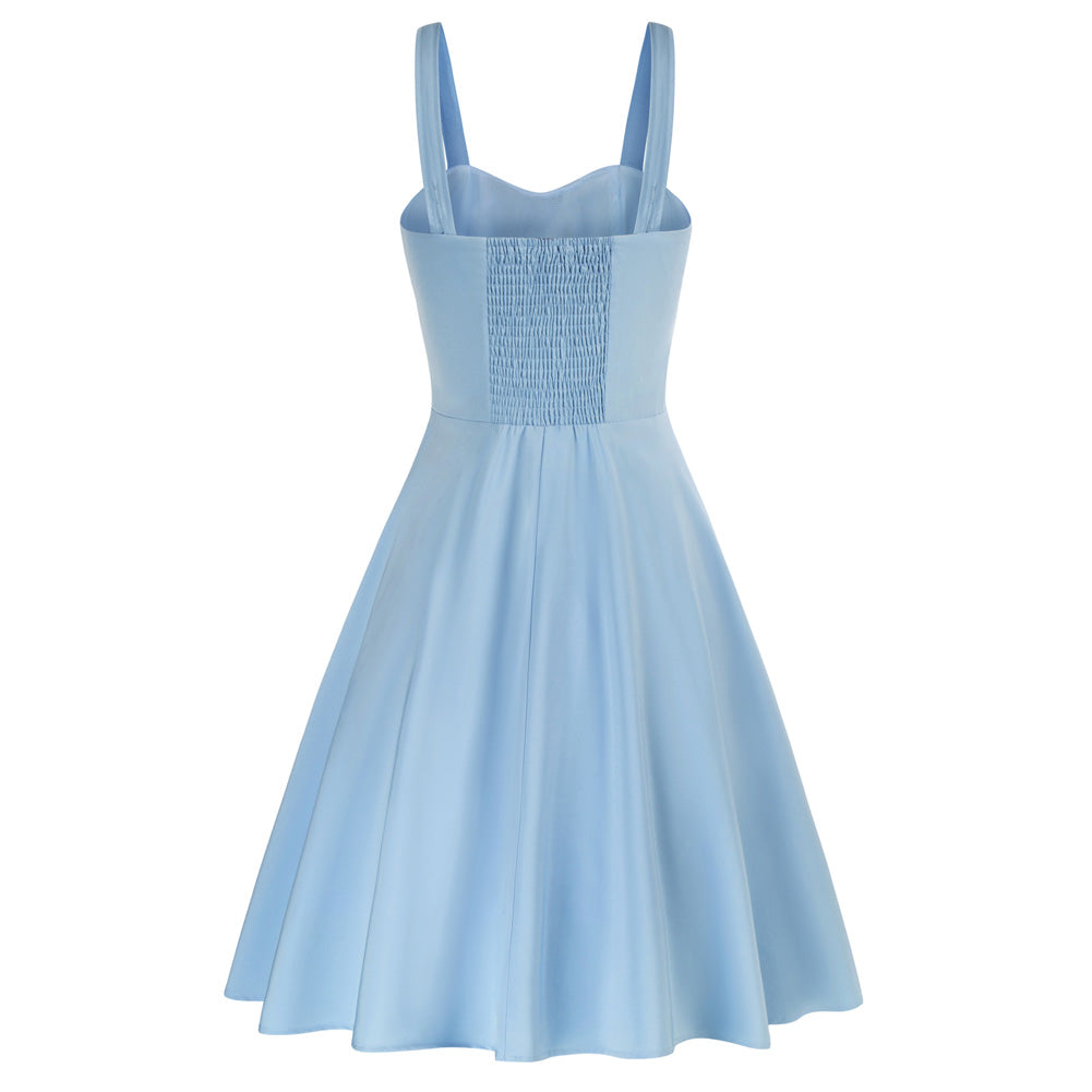 Vintage Solid Color Two-Way Defined Waist Dress Ruched Bodice Flared A-Line Dress