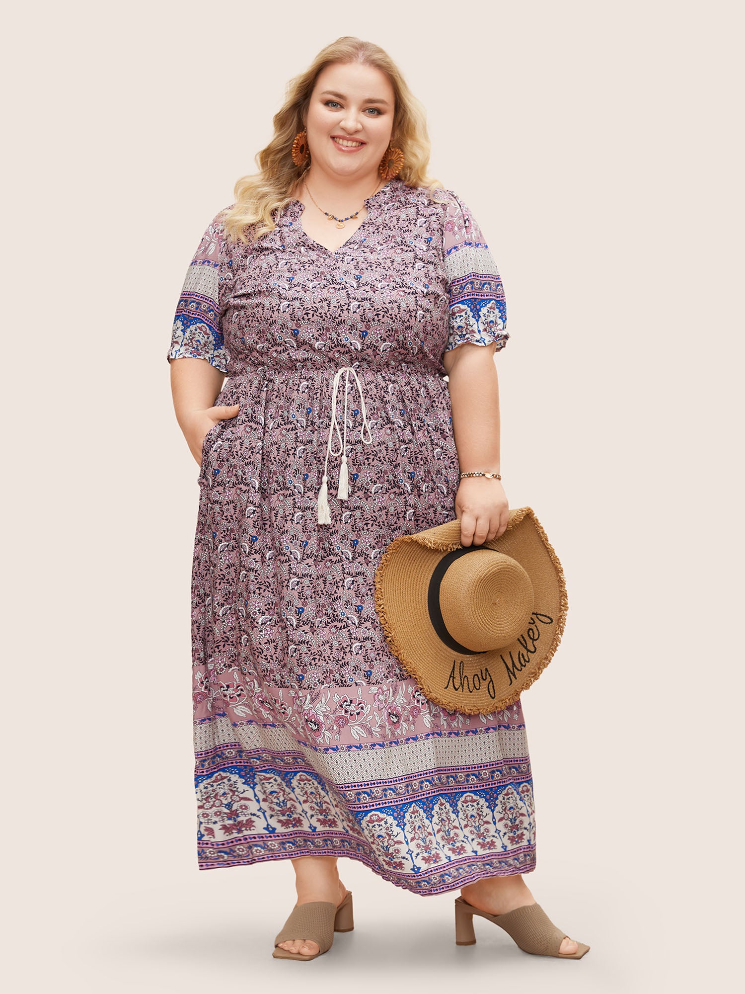 Boho Print Notched Ties Tassel Trim Dress