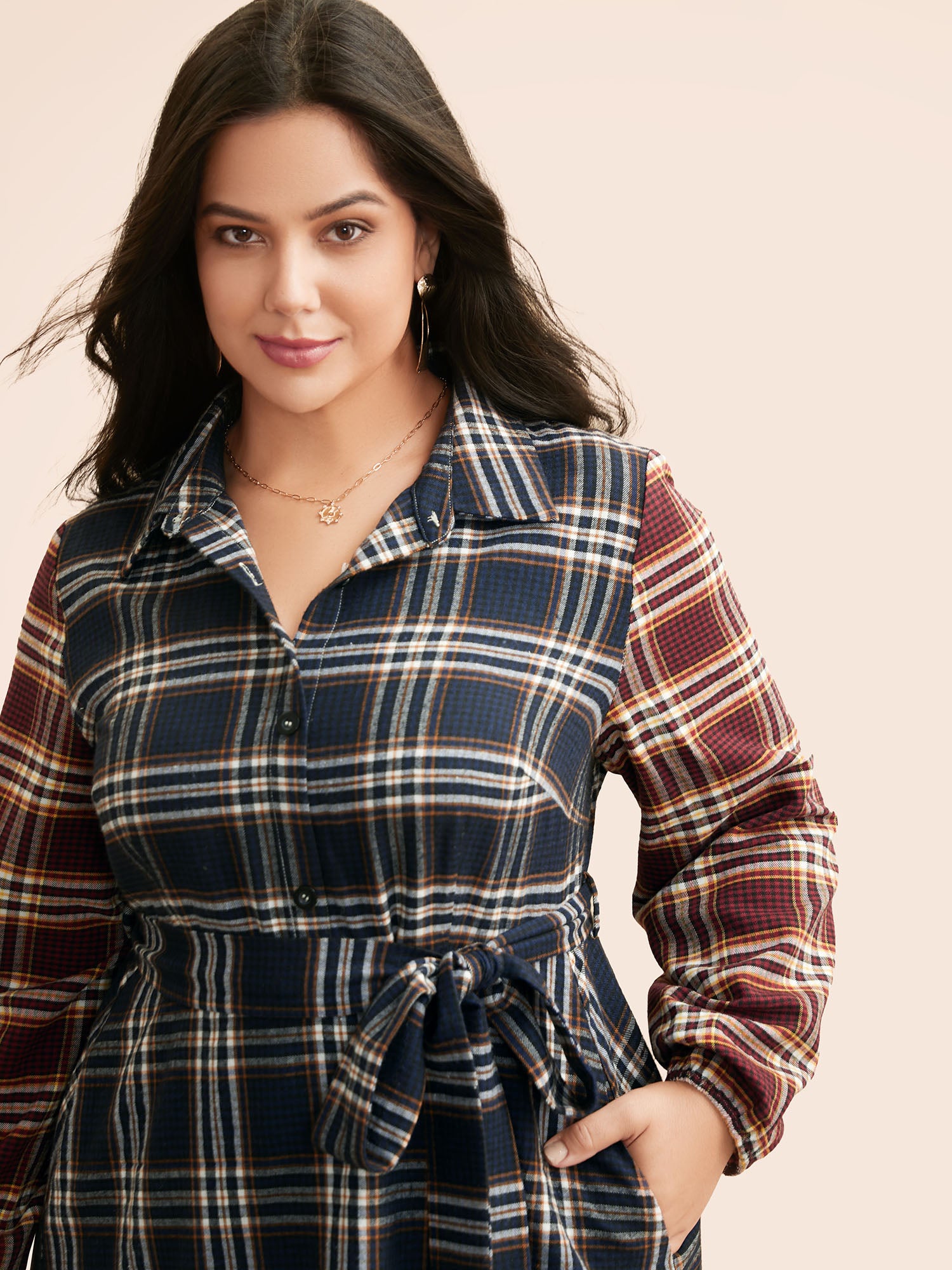 Shirt Collar Plaid Contrast Belted Dress