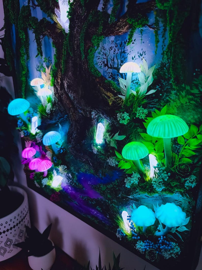 3D LED Mushroom Painting: Wireless Rechargeable Fantasy Art Lamp