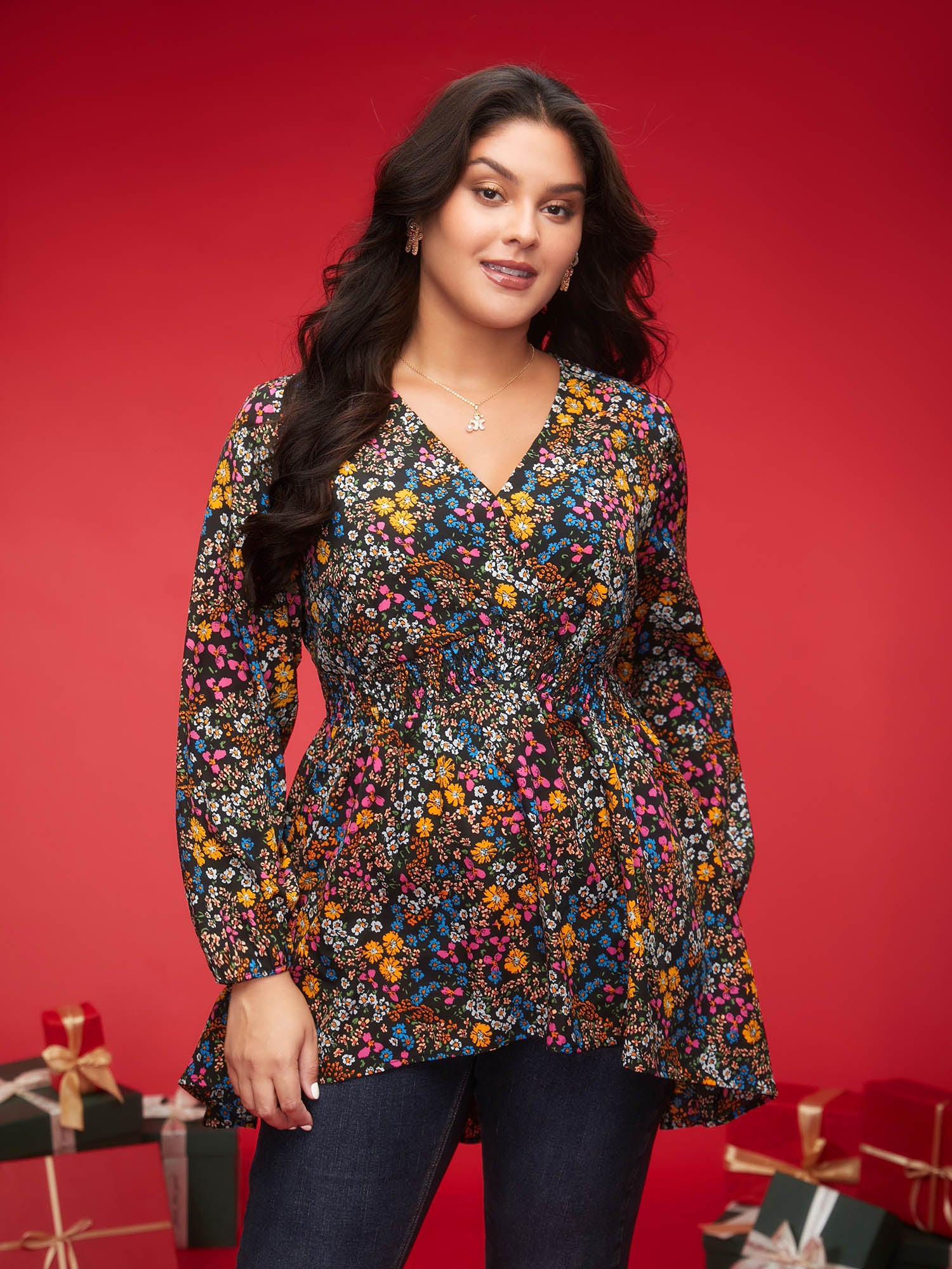 Floral Smocked Waistline Surplice Neck Blouse