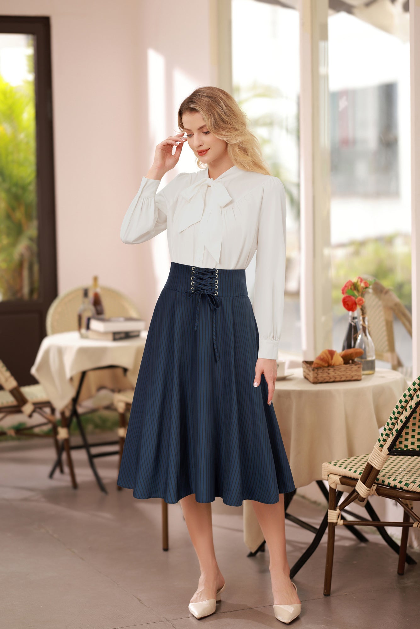 Vintage High Waist Striped Skirt Wide Waistband Flared A-Line Skirt