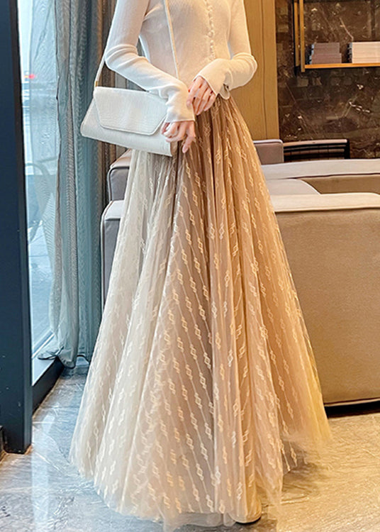 Khaki Embroidered High Waist Tulle Skirts Summer