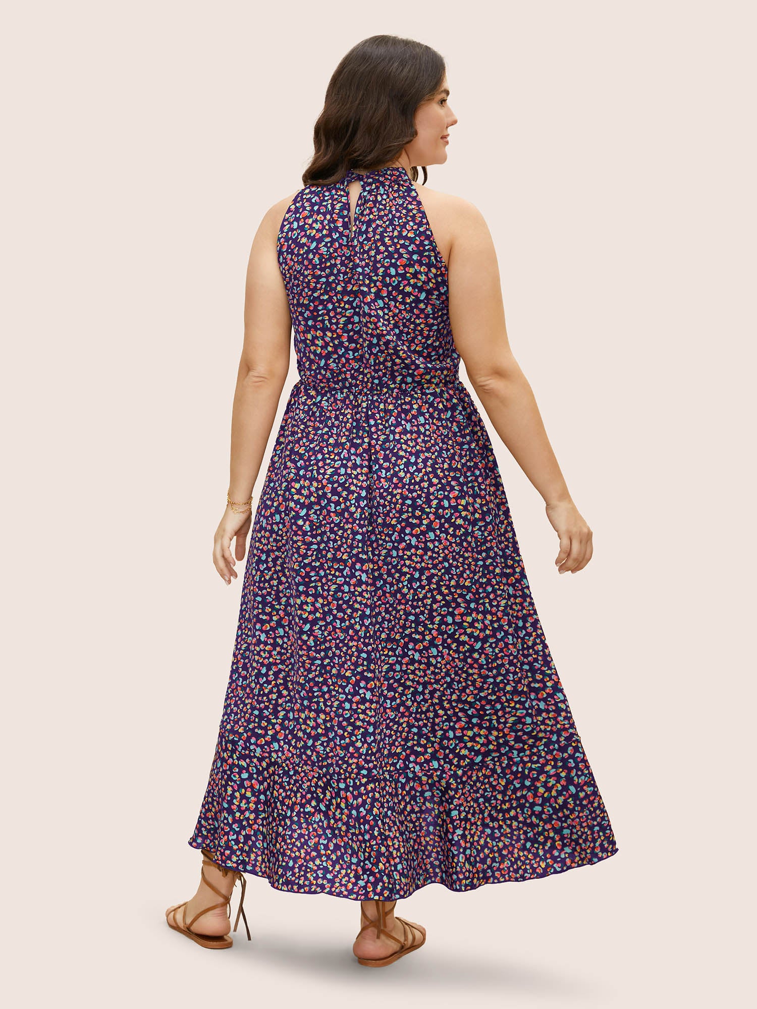 Allover Print Halter Neck Wrap Hem Dress