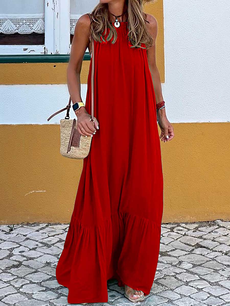 Fashion Temperament Solid Color Sleeveless Neck Long Dresses