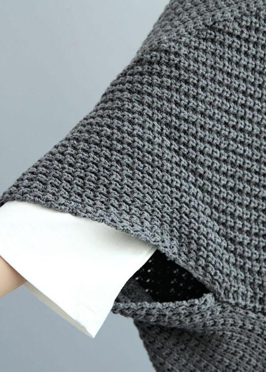 Fashion Dark Gray Bat Wing Sleeve Pockets Fall Knitwear Coat