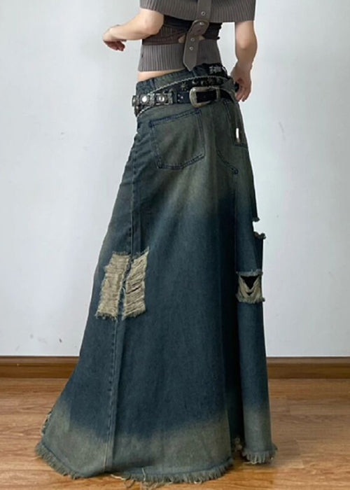 Blue Hole High Waist Denim Maxi Skirts Summer