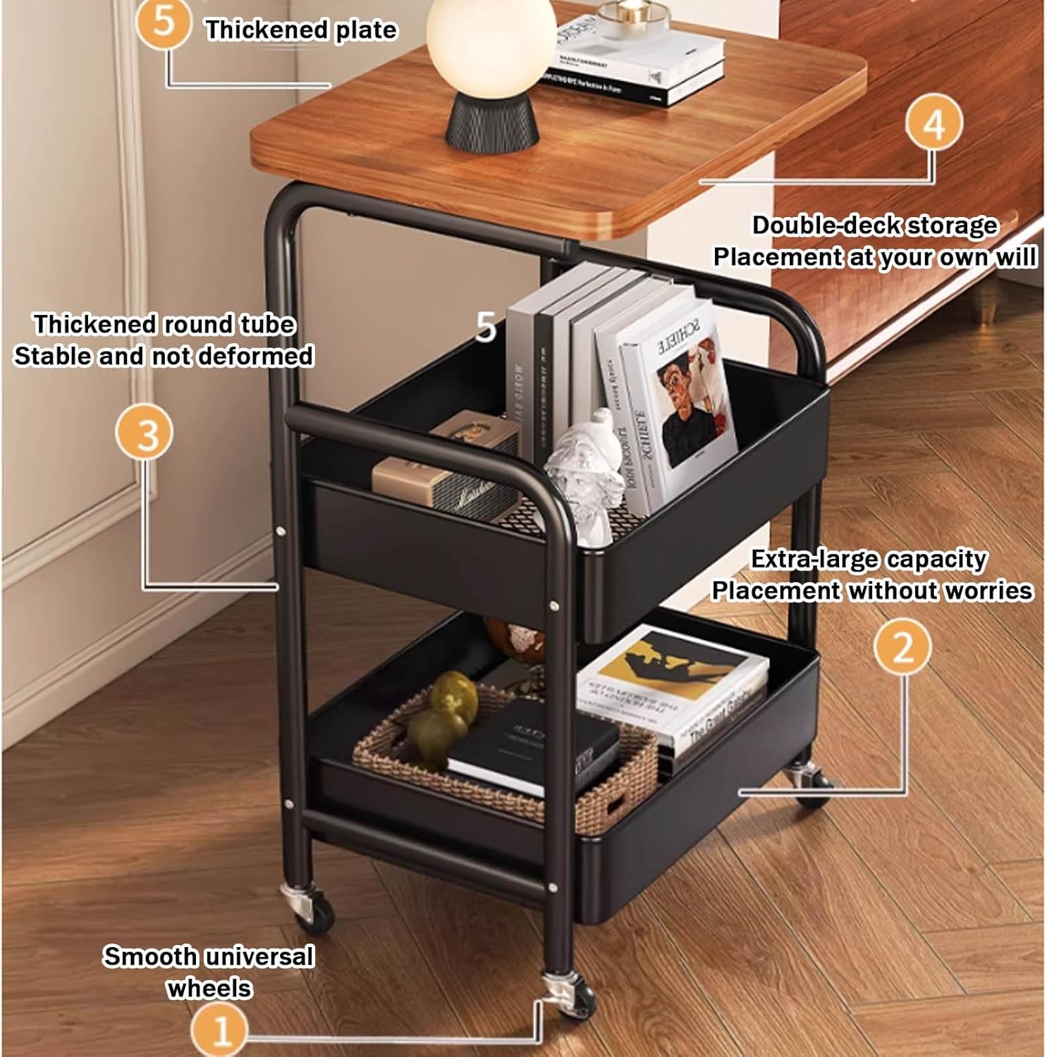 Mobile Side Table 30in Square Endtable with 3 Tier Wood Open Shelf