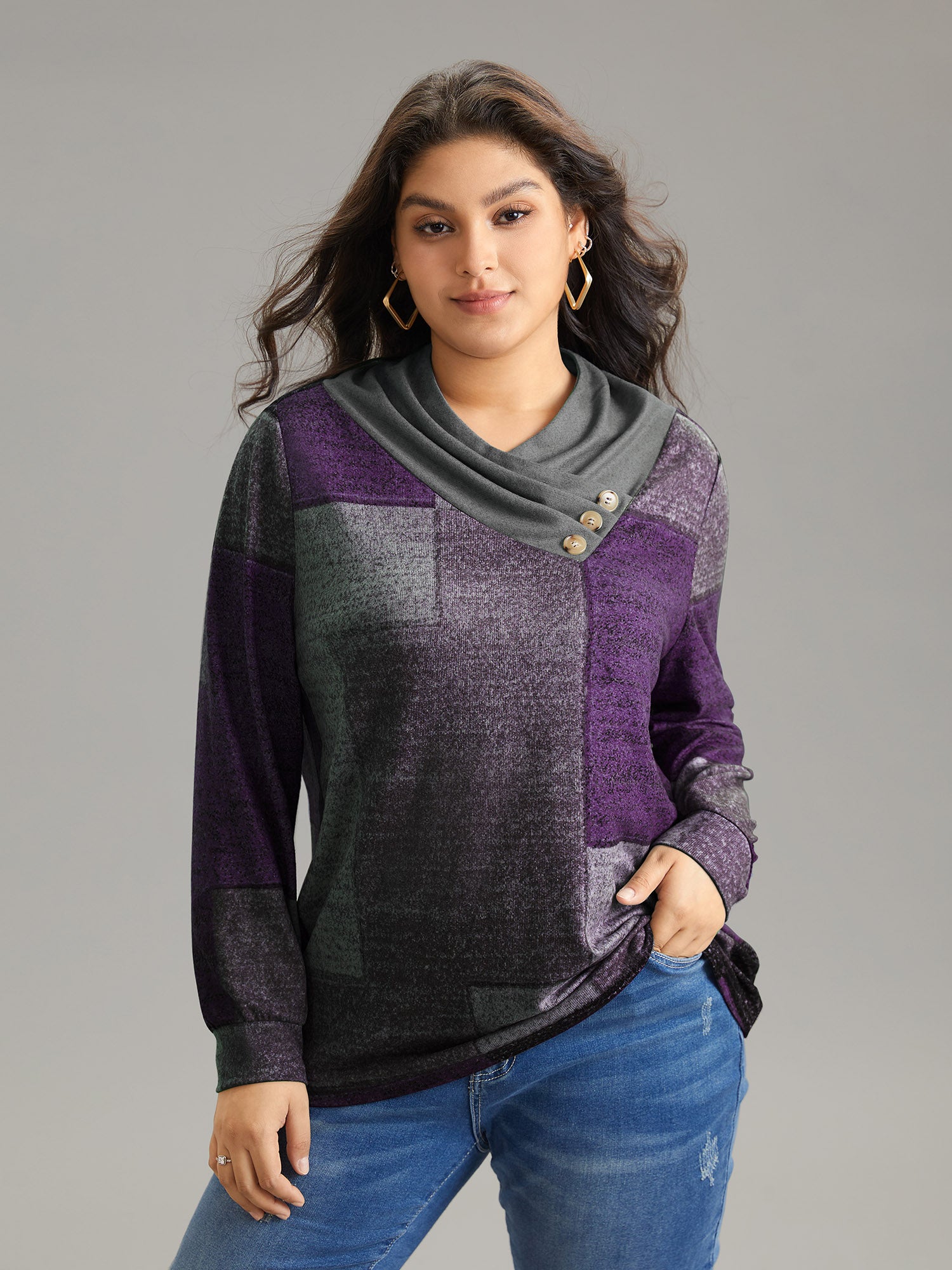 Asymmetrical Colorblock Button Detail Pleated T-shirt