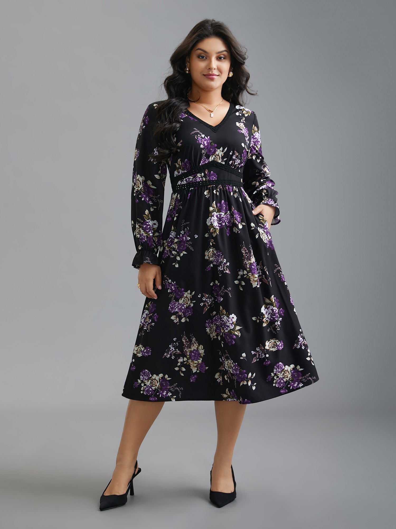 V-Neck Floral Bust Defining Lace Dress