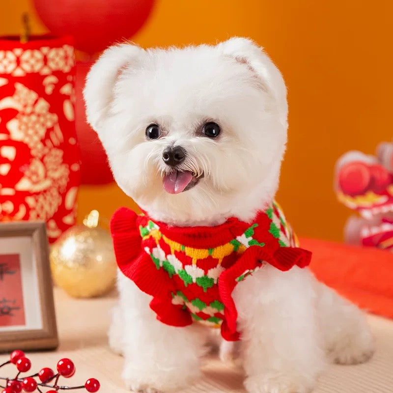 Sweet Knitted Flower Ruffled Sleeves Dog Cat Sweater