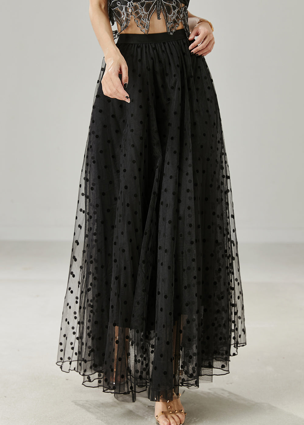 Fitted Black Dot Print Tulle A Line Skirt Summer