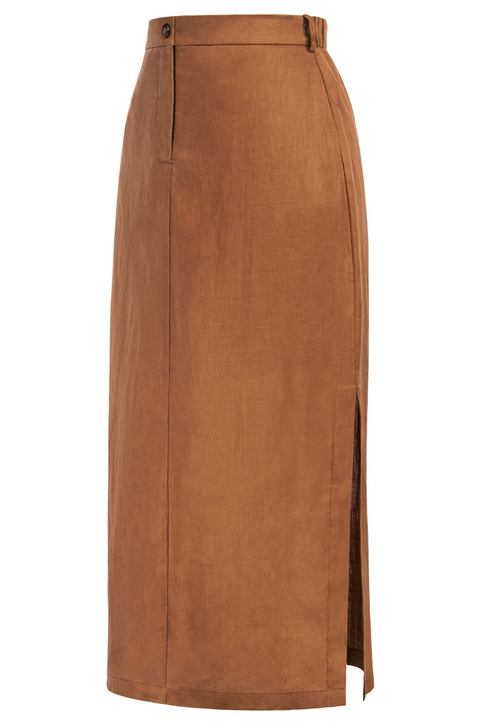 Linen Skirt Comfy Elastic High Waist Side Slit Straight Midi Skirt