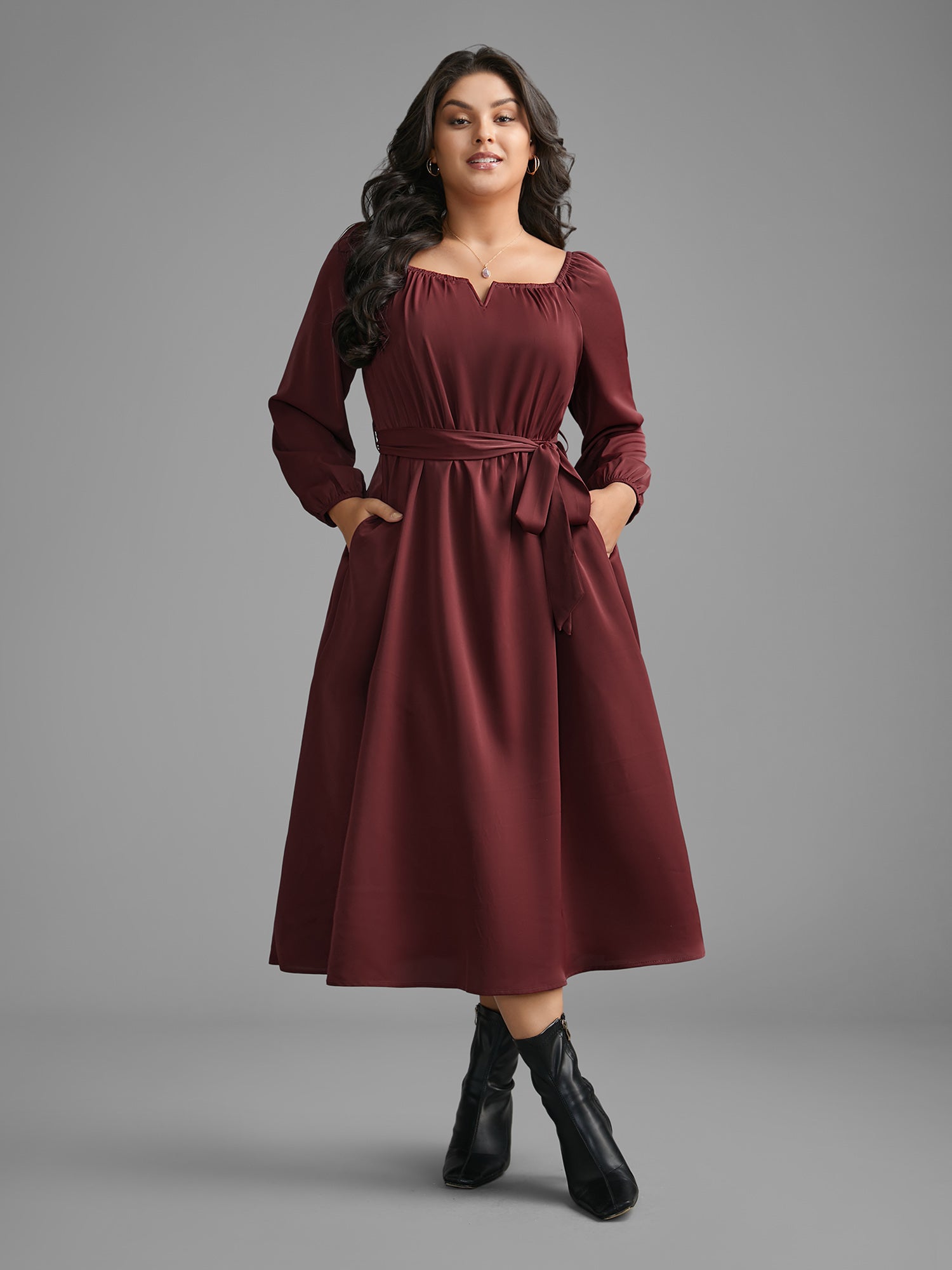 Square Neck Gathered Belted Midi Dress