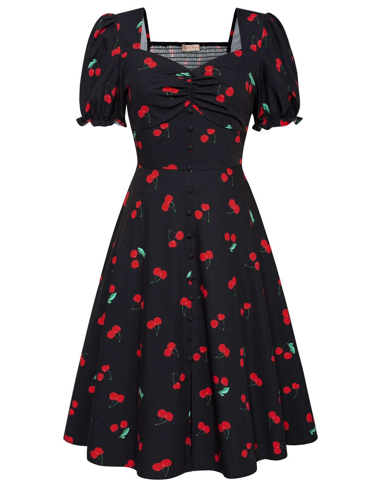 Vintage Cherry Patterns Front Slit Dress Puffed Short Sleeve Sweetheart Neck Dress