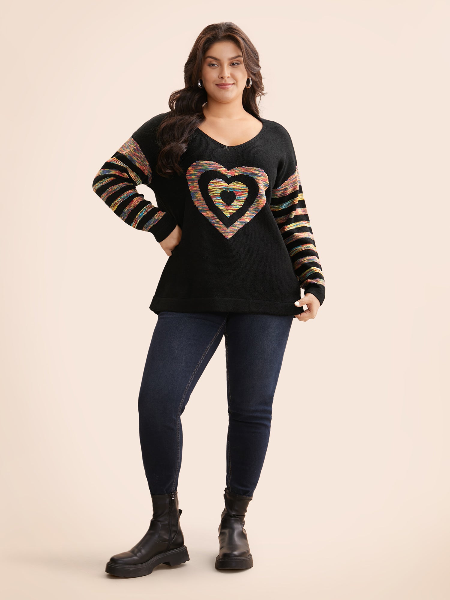 Contrast Heart Jacquard Drop Shoulder Pullover