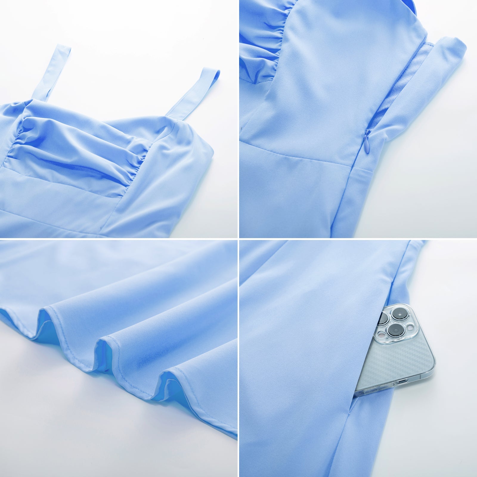 Vintage Cherry Patterns Cocktail Dress Sleeveless Spaghetti Strap Ruched Slit A Line Swing Dress with Pockets