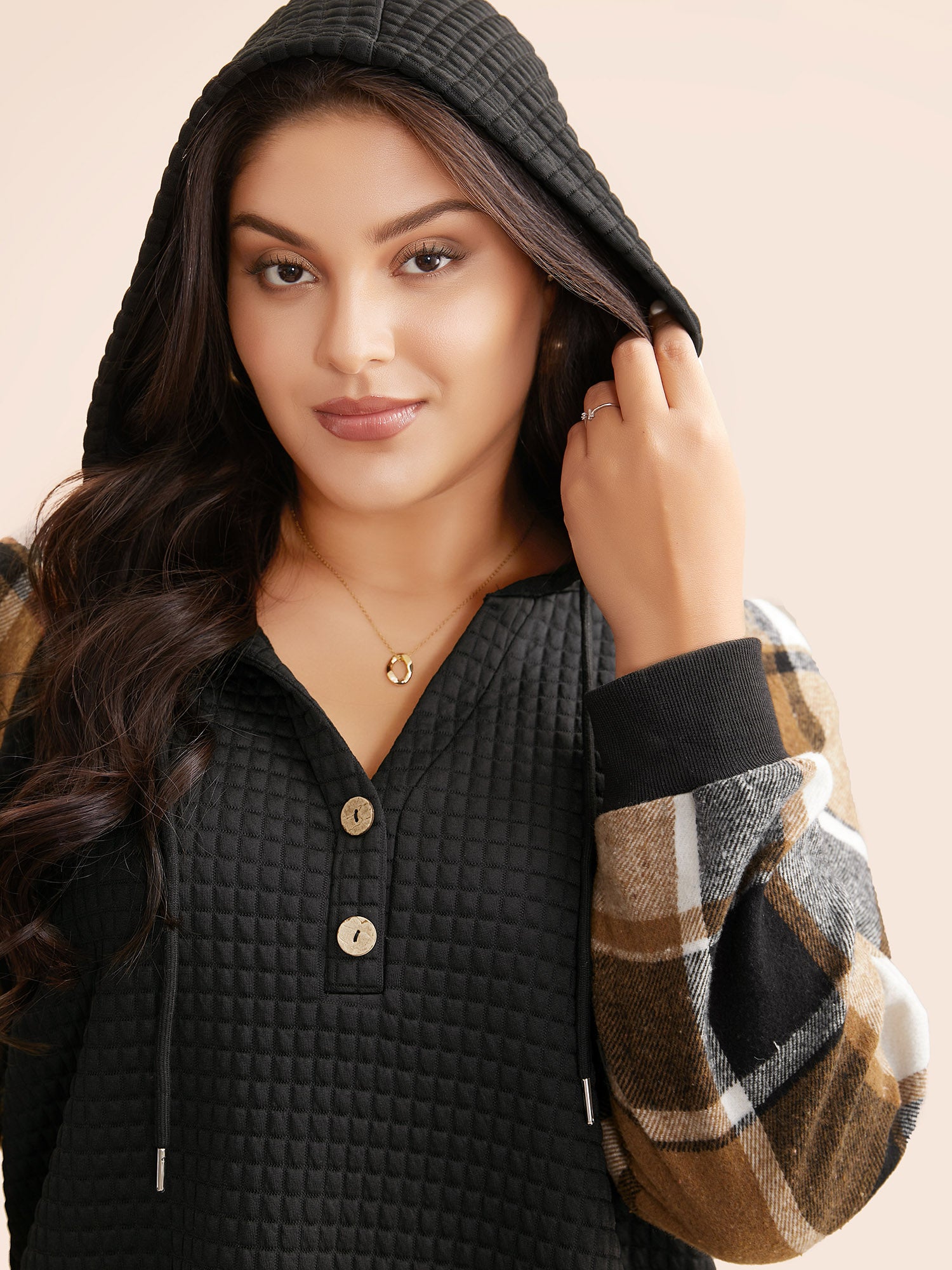 Plaid Patchwork Hooded Raglan Sleeve Sweatshirt