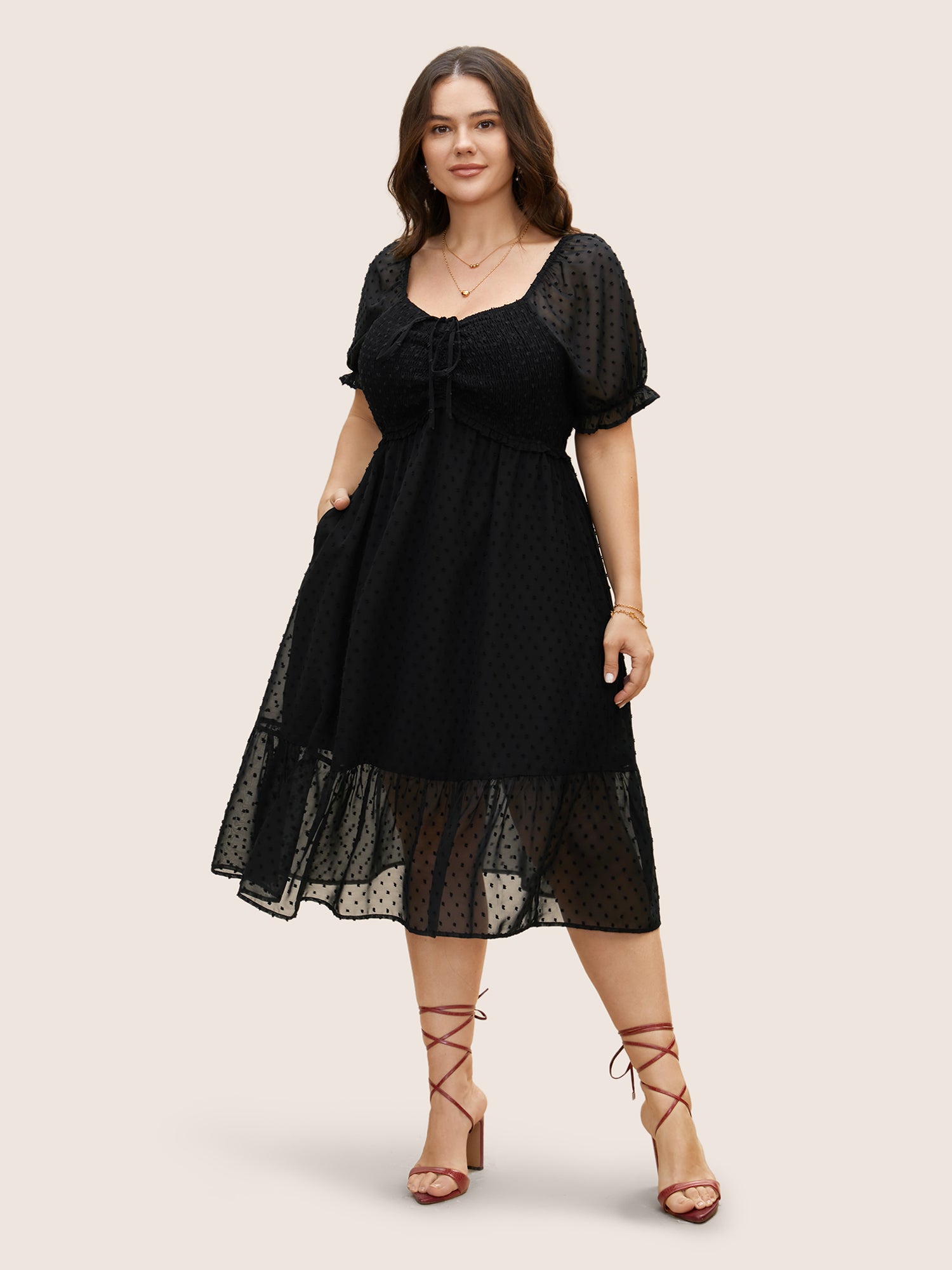 Polka Dot Textured Mesh Shirred Drawstring Dress