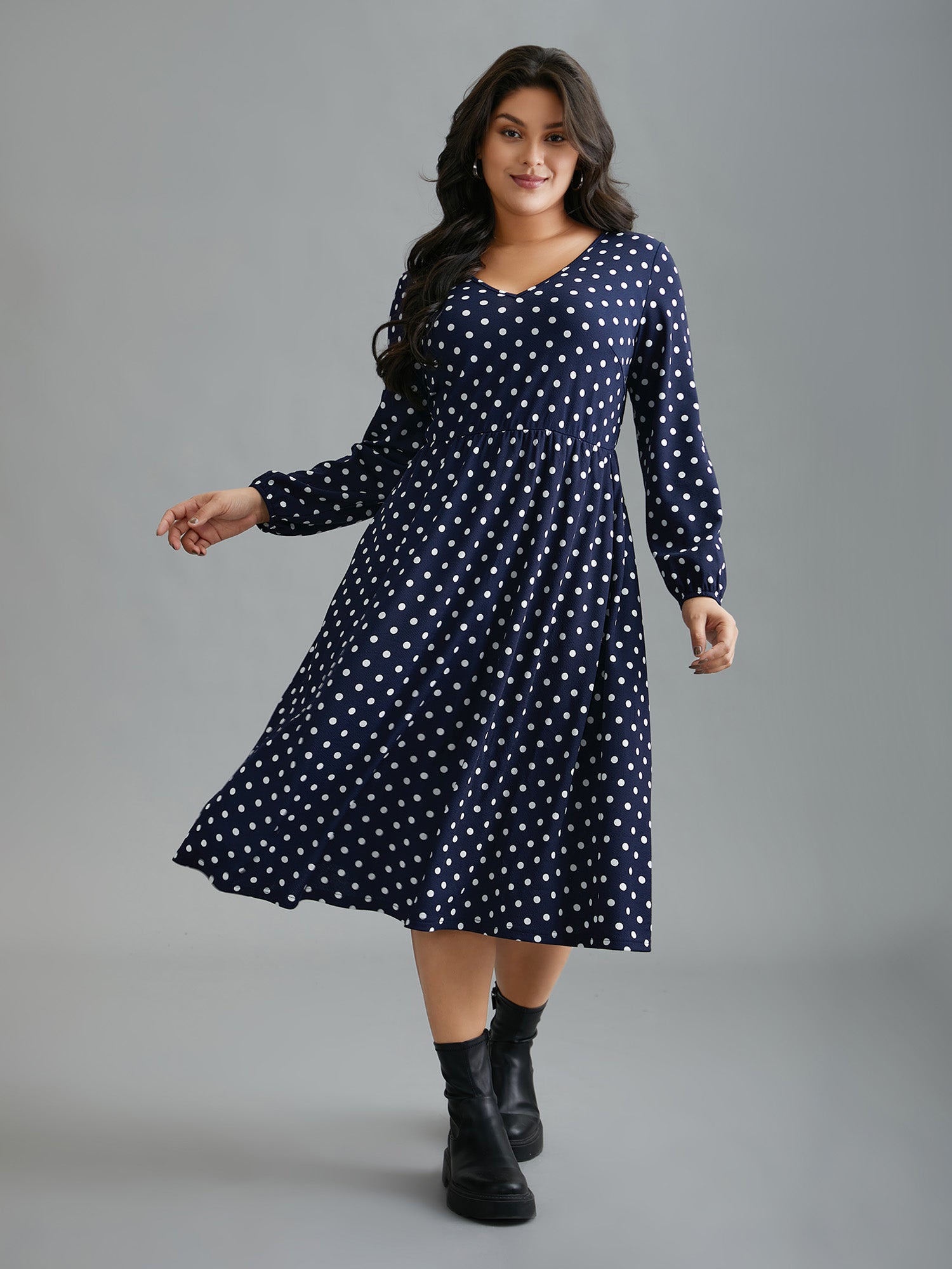 V Neck Polka Dot Midi Dress