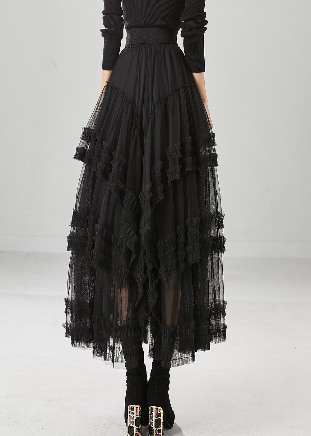 Black Elastic Waist Ruffled Tulle A Line Skirt Fall