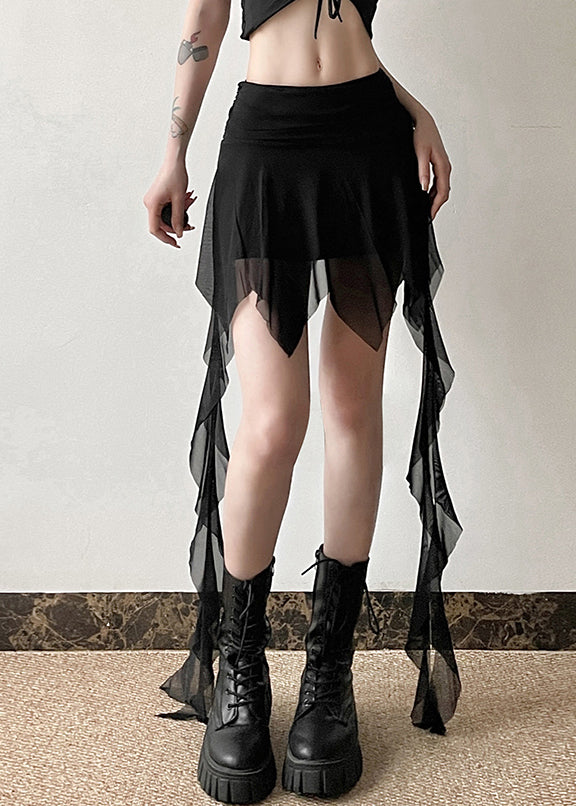 Slim Fit Black High Waist Tulle Patchwork Skirt