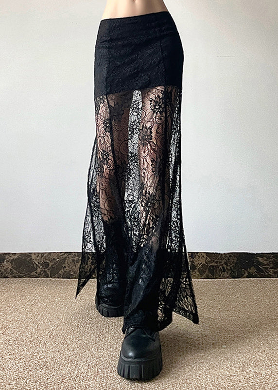 Style Black High Waist Lace Patchwork Maxi Skirts