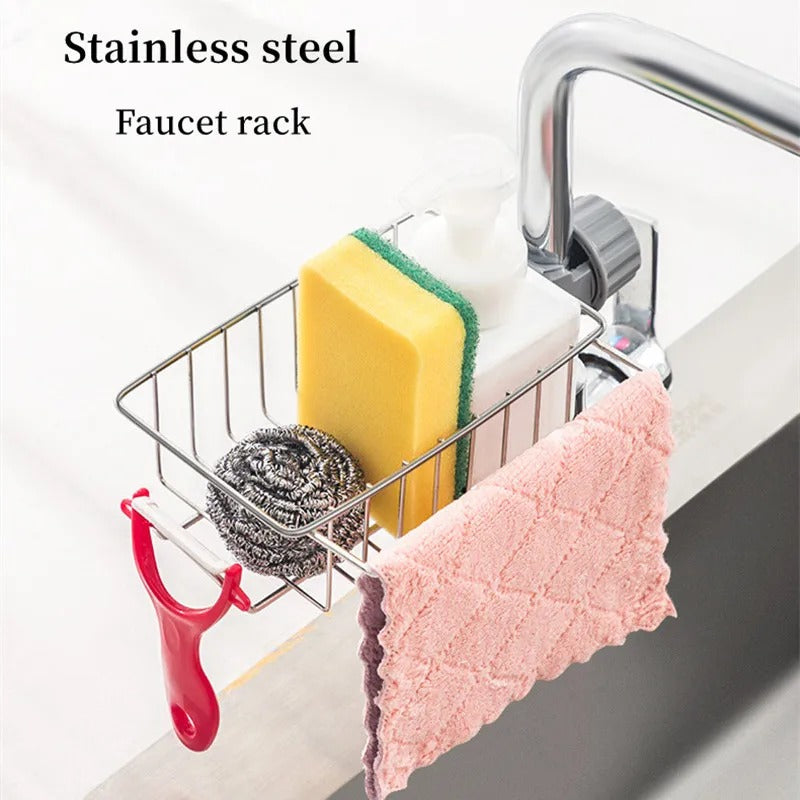 1pcs Stainless Steel Faucet Storage Rack. Adjustable Sink Rag Sponge Draining Rack Kitchen. Bathroom Soap Storage Holder