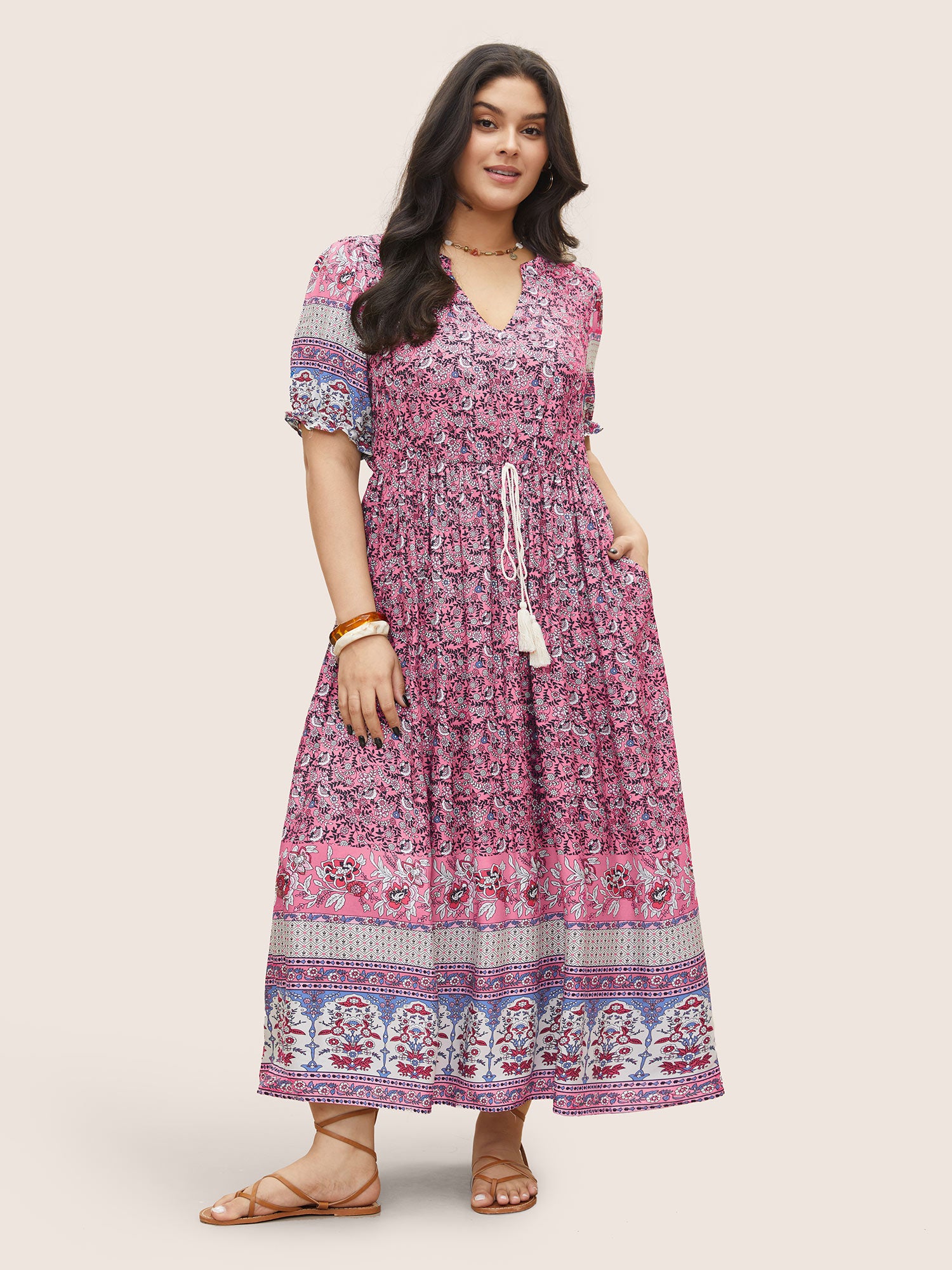 Boho Print Notched Ties Tassel Trim Dress
