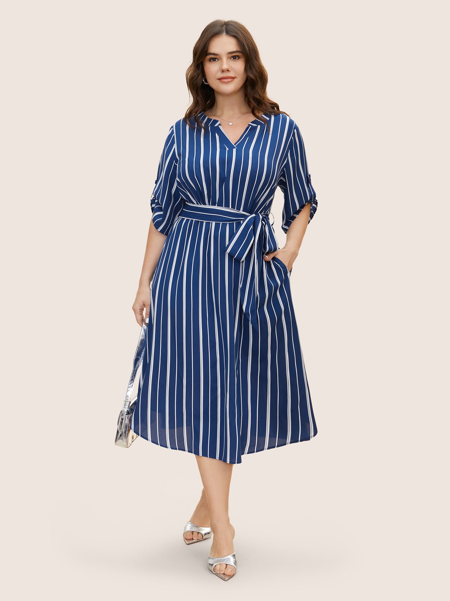 Notched Striped Button Cuff Sleeve Dress