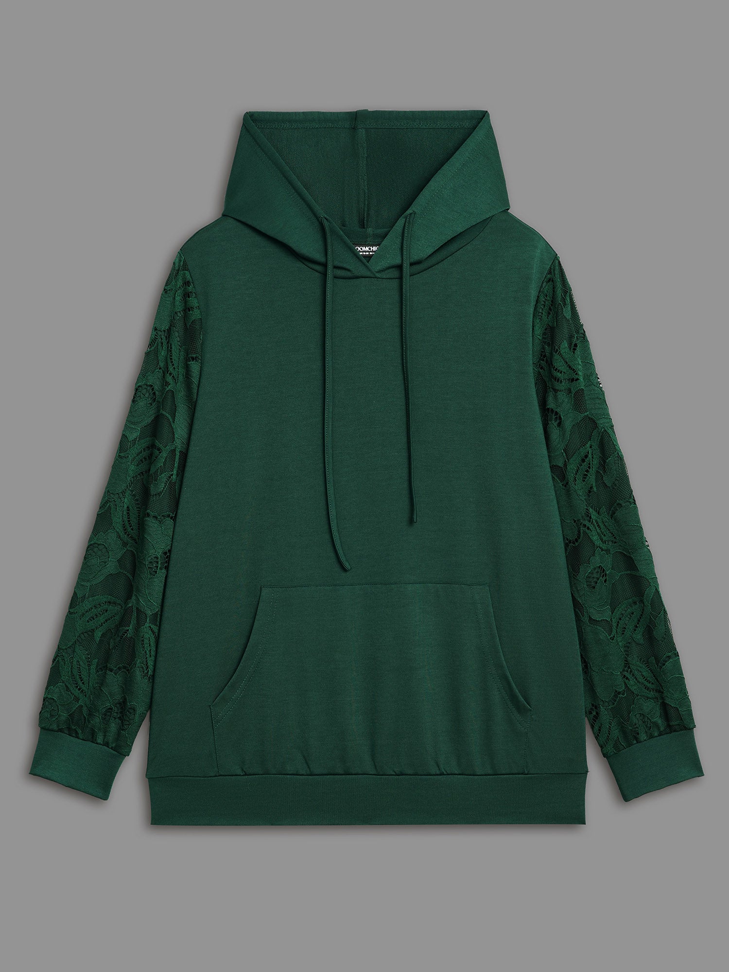 Lace Patchwork Pocket Hooded Drawstring Sweatshirt