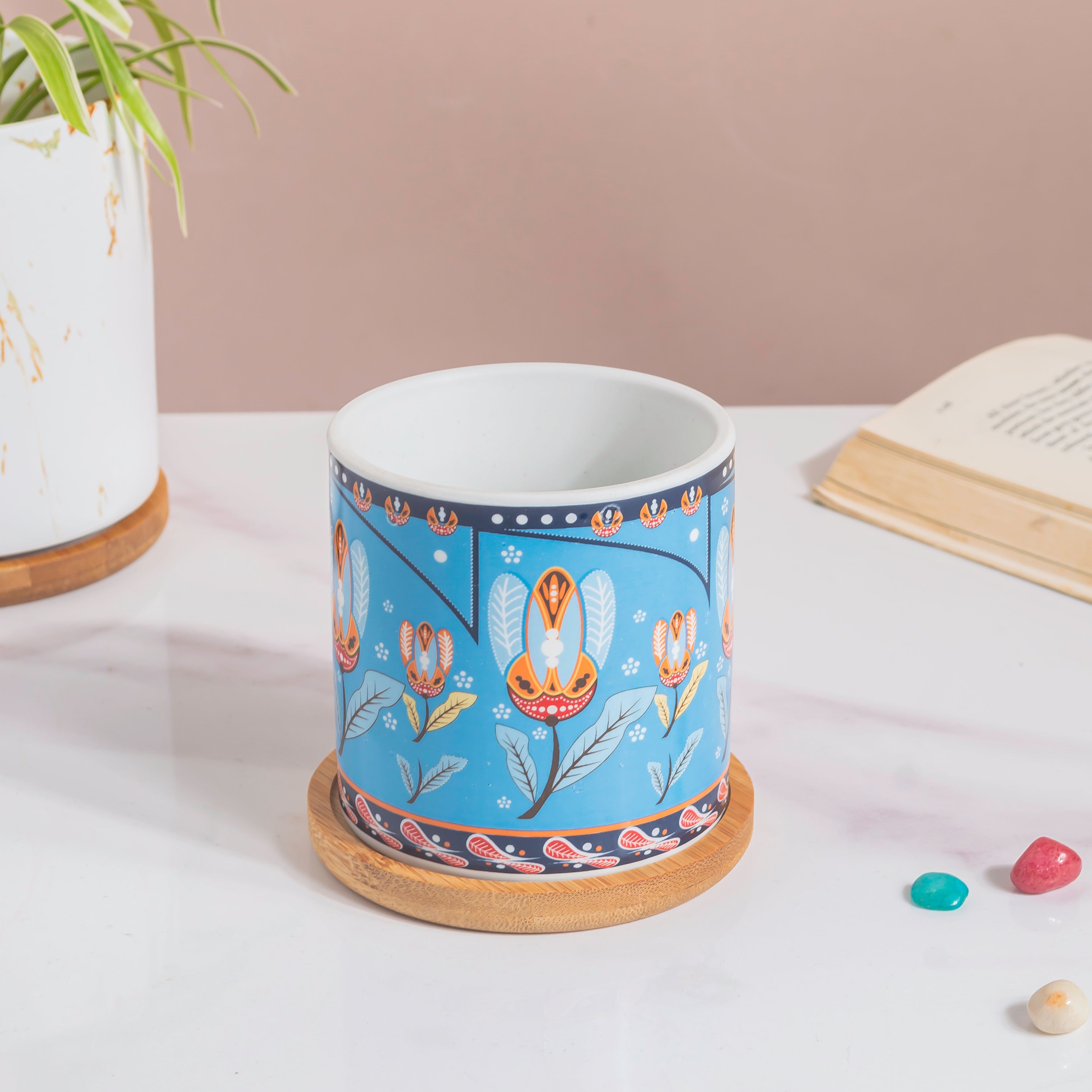Cerulean Leaf Bloom Planter With Wooden Coaster