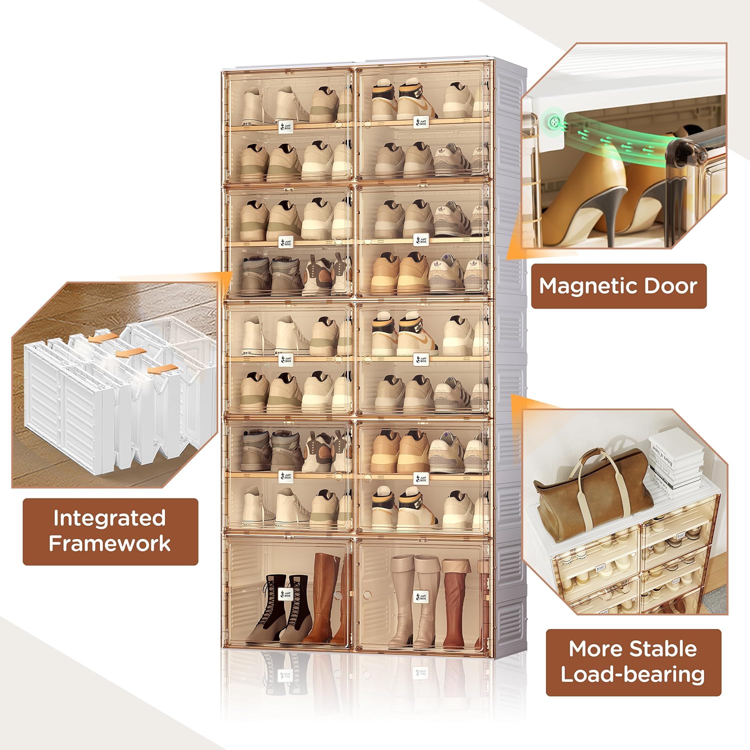 ANTBOX Portable Shoe Rack Organizer for Closet Entryway, Stackable Sneaker Storage Shoe Cabinet with Magnetic Clear Door, Large Plastic Storage containers Bins with Lids 5 Tiers 20 Pairs