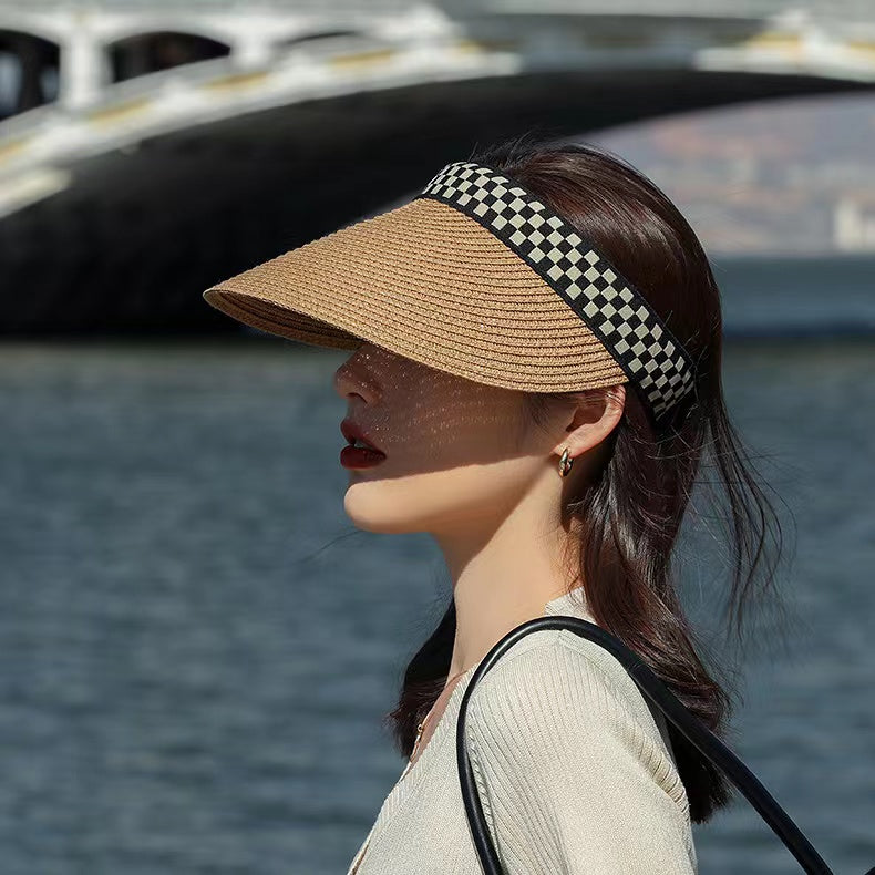 Checkered Band Straw Visor Hats