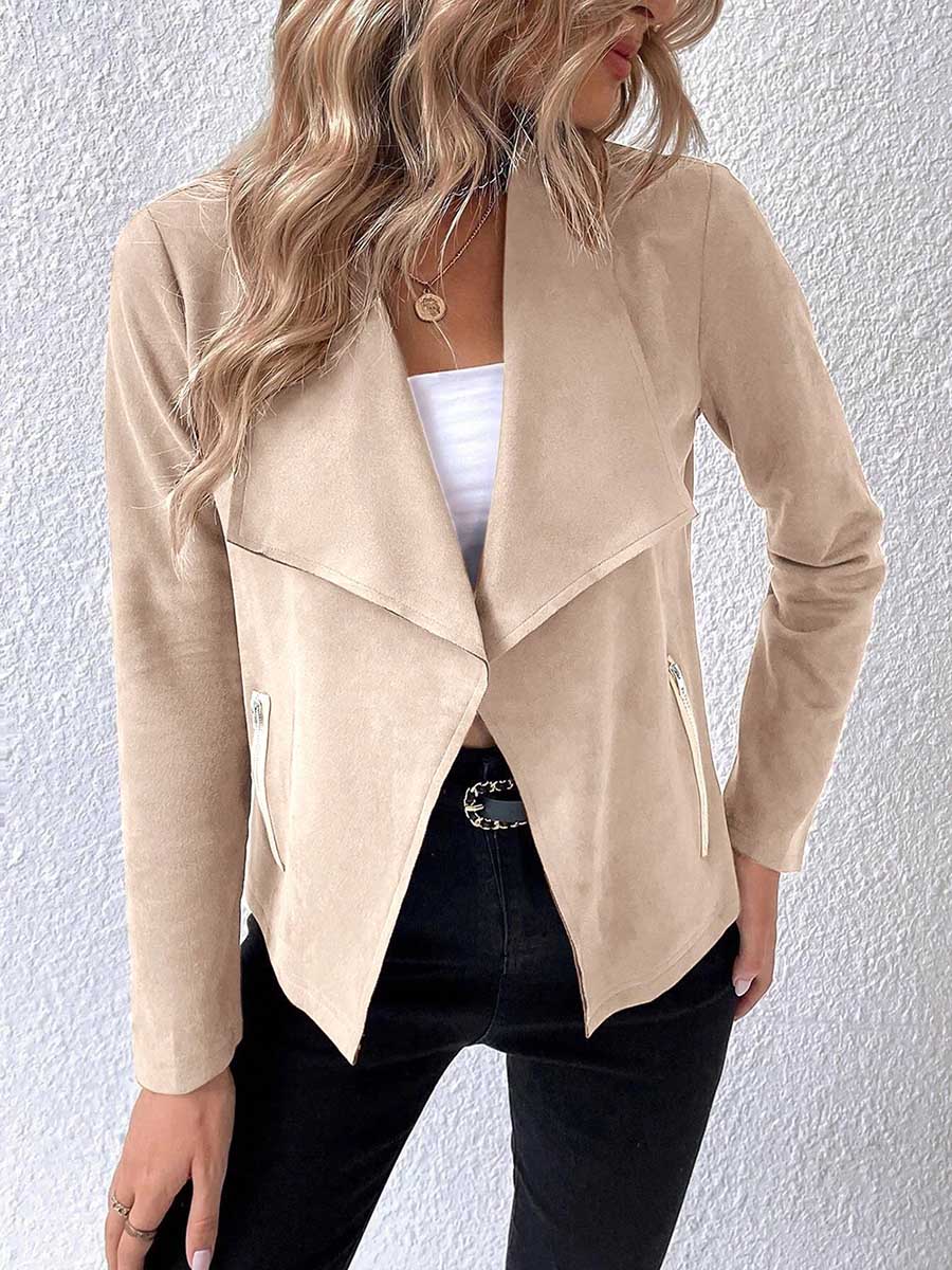 Leather Velvet Lapel Long Sleeve Zipper Jacket