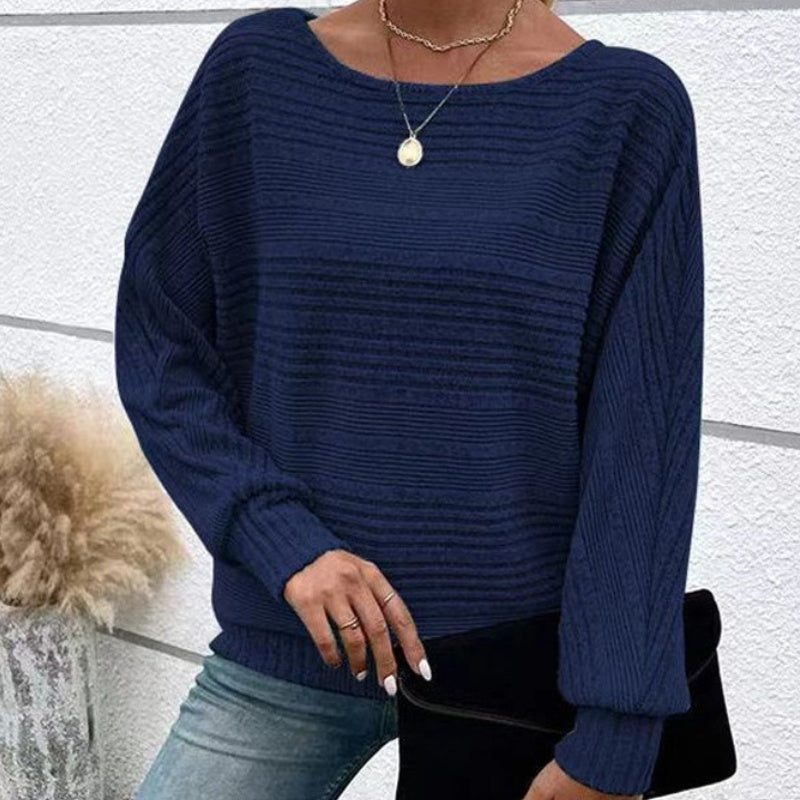 💜Solid Round-Neck Striped Top with Long Sleeves