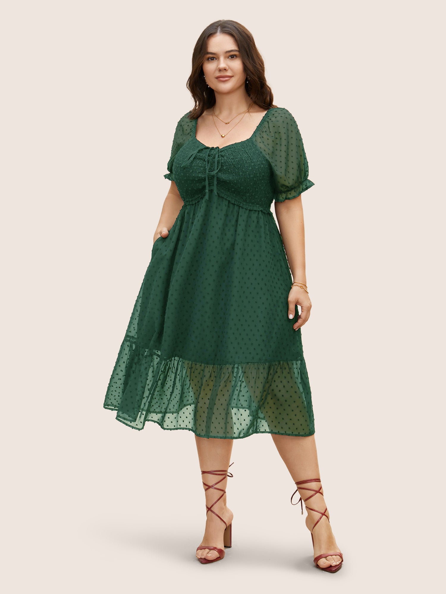 Polka Dot Textured Mesh Shirred Drawstring Dress