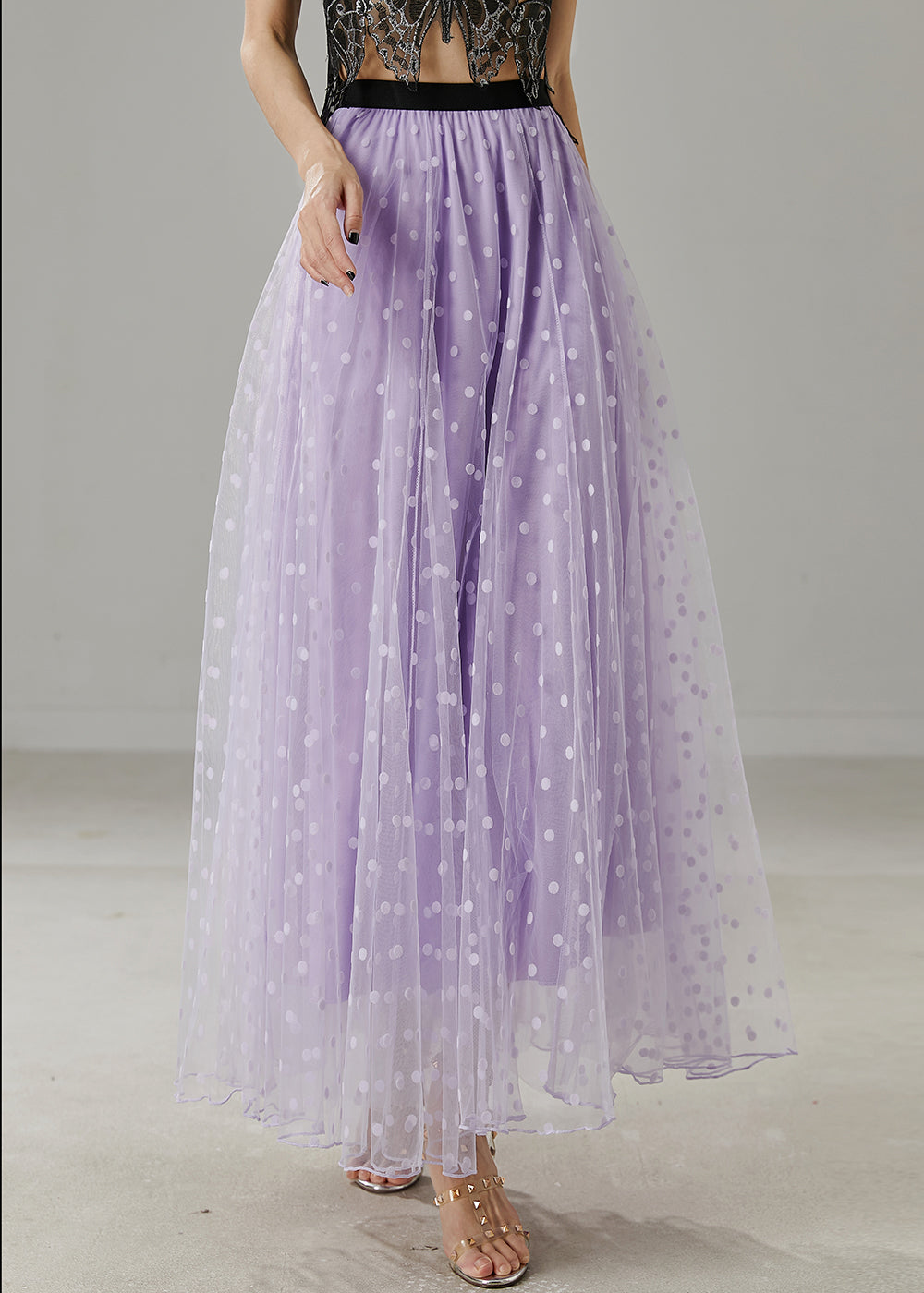 Purple Dot Print Tulle Skirt Elastic Waist Summer