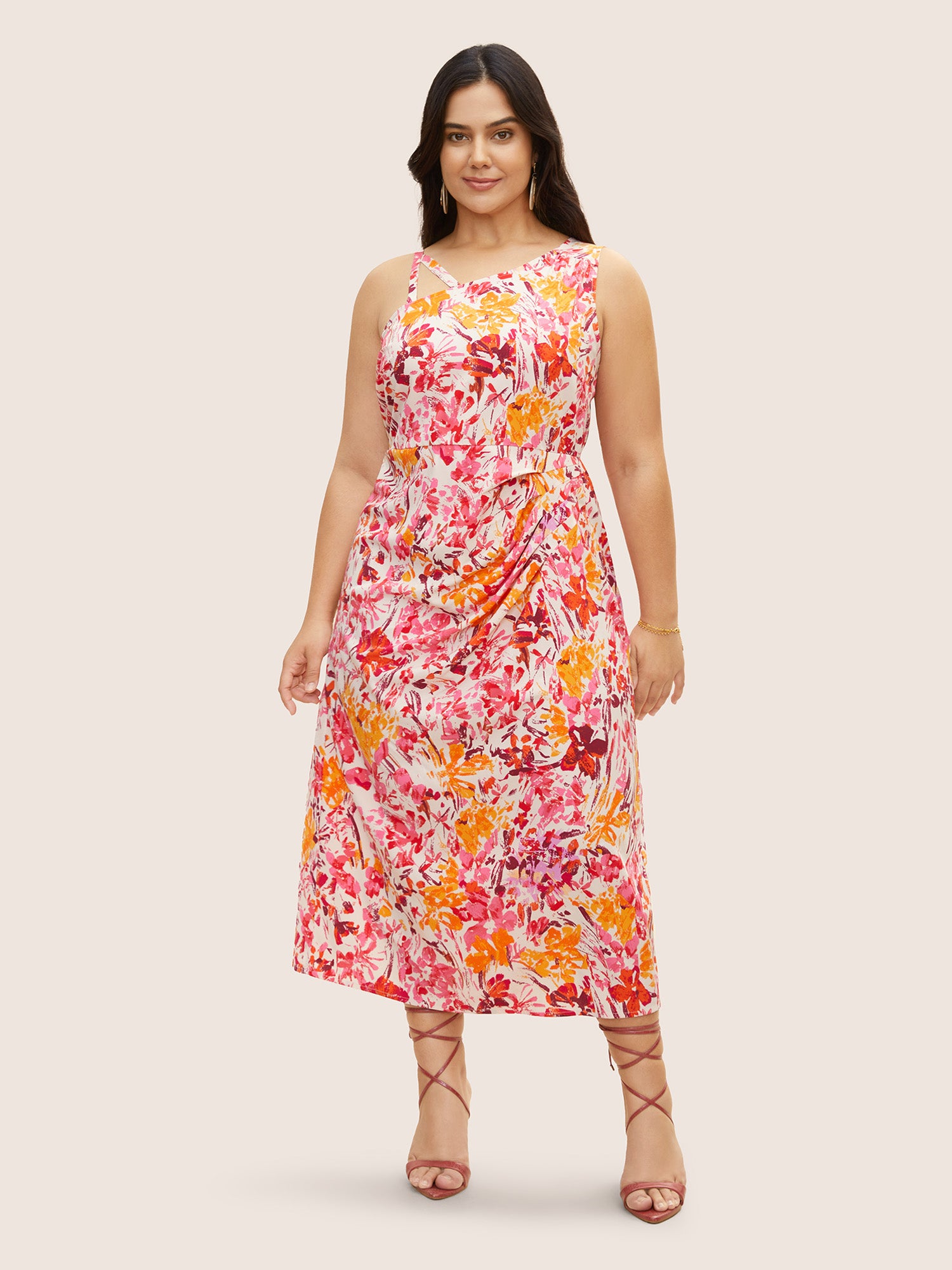 Asymmetrical Neck Watercolor Floral Pleated Dress